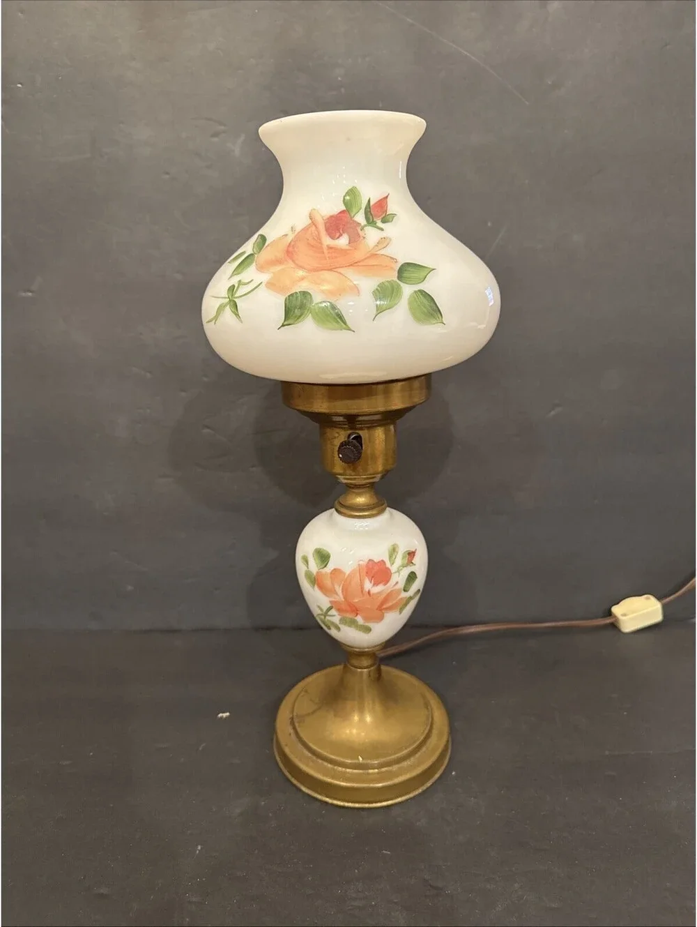 Vintage Hurricane Table Lamp Hand Painted Glass Brass Base GWTW 15” High